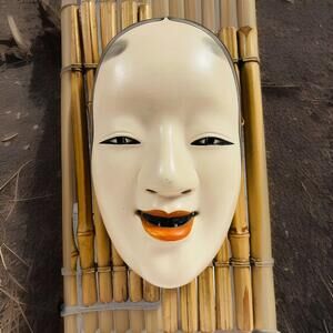 Vintage Authentic Japanese  KOOMOTE Young Woman Noh Mask Signed on Real Bamboo